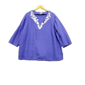 Talbots Linen Top Tunic Embroidered Beaded Women's Size 2X Beach Coastal Purple